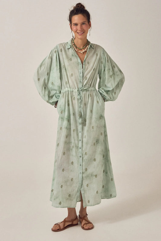 Front view of the Freya Dress in Mineral Waves, a long-sleeve jade shirt dress with button-down front, drawstring waist, and relaxed silhouette.