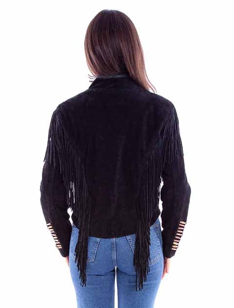 Black suede Fringe/Lacing Jacket shown from the back with fringe detailing across the yoke, sleeves, and hem.