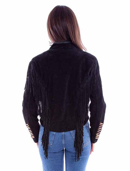 Black suede Fringe/Lacing Jacket shown from the back with fringe detailing across the yoke, sleeves, and hem.