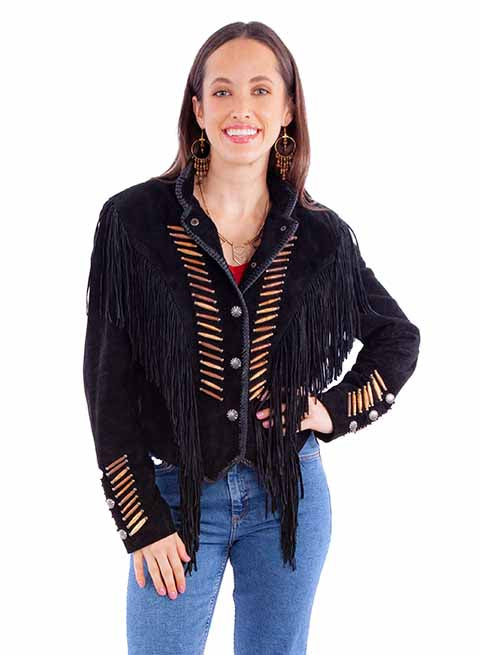 Black suede Fringe/Lacing Jacket shown from the front with bone bead lacing, fringe details, and silver concho-style buttons.