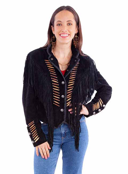Black suede Fringe/Lacing Jacket shown from the front with bone bead lacing, fringe details, and silver concho-style buttons.