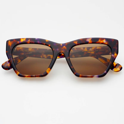 Front view of Gia cat-eye sunglasses in tortoise acetate with brown UV-protective lenses.