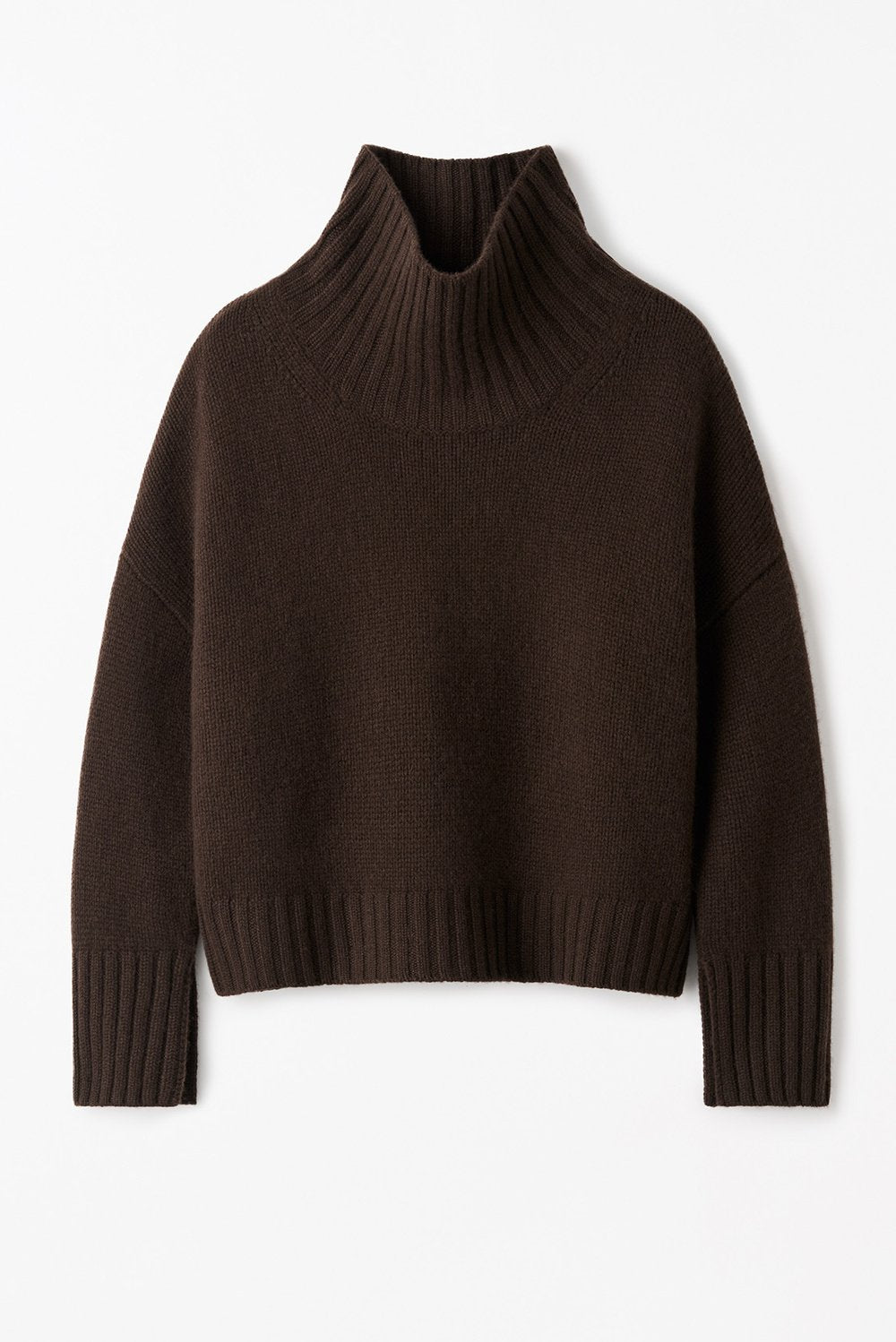 Front product view of the mocha cashmere Girlfriend Turtleneck with a relaxed boxy fit and ribbed trim.