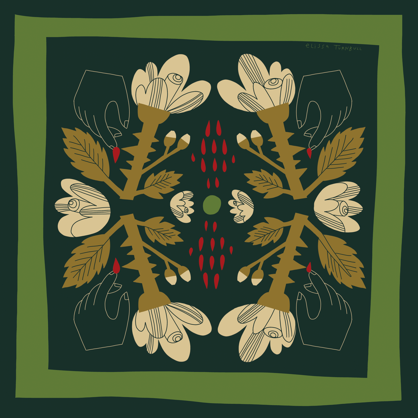 Green Rose and Thorn 26x26 silk scarf featuring an illustrated rose and thorn botanical design in deep green, olive, cream, and red accents.