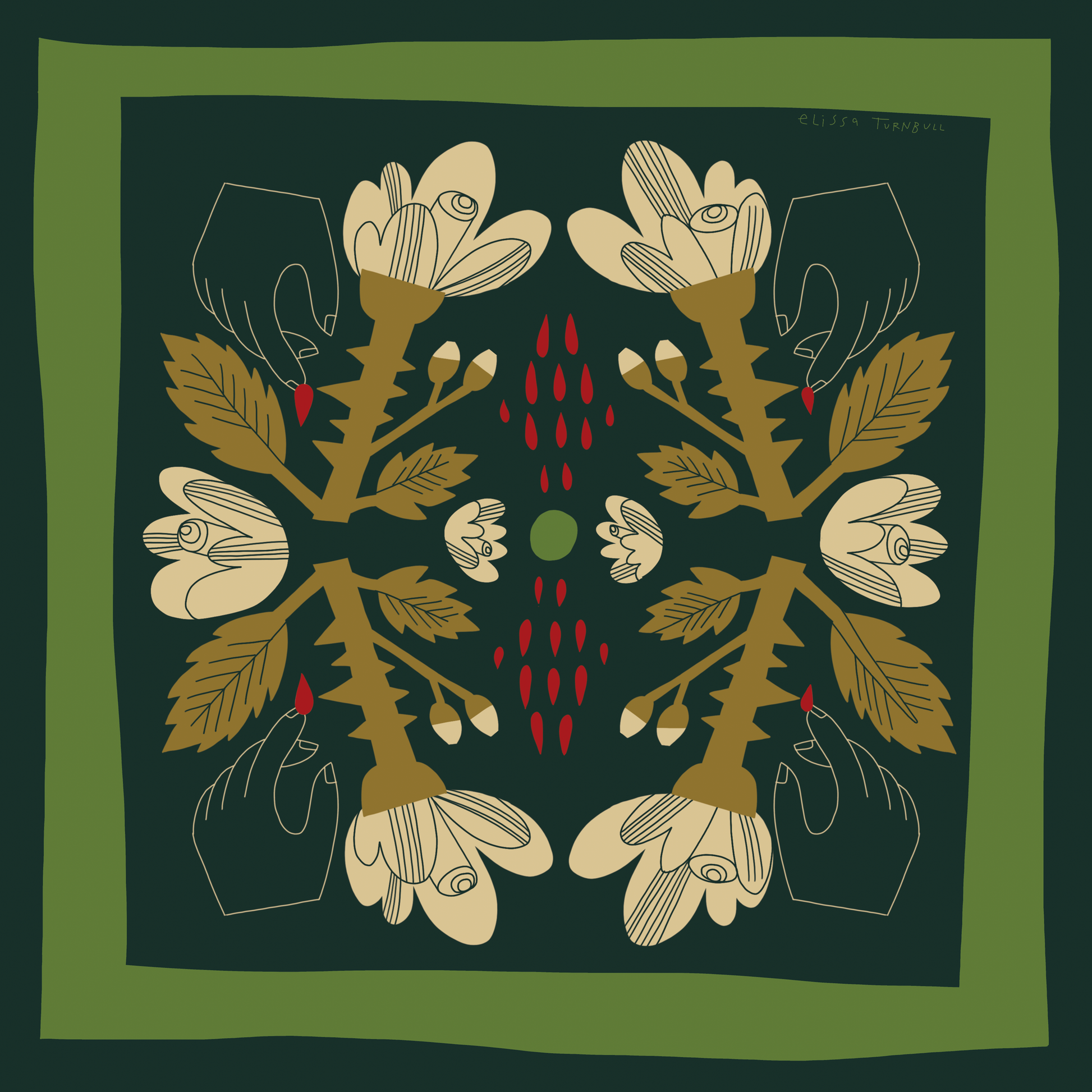 Green Rose and Thorn 26x26 silk scarf featuring an illustrated rose and thorn botanical design in deep green, olive, cream, and red accents.