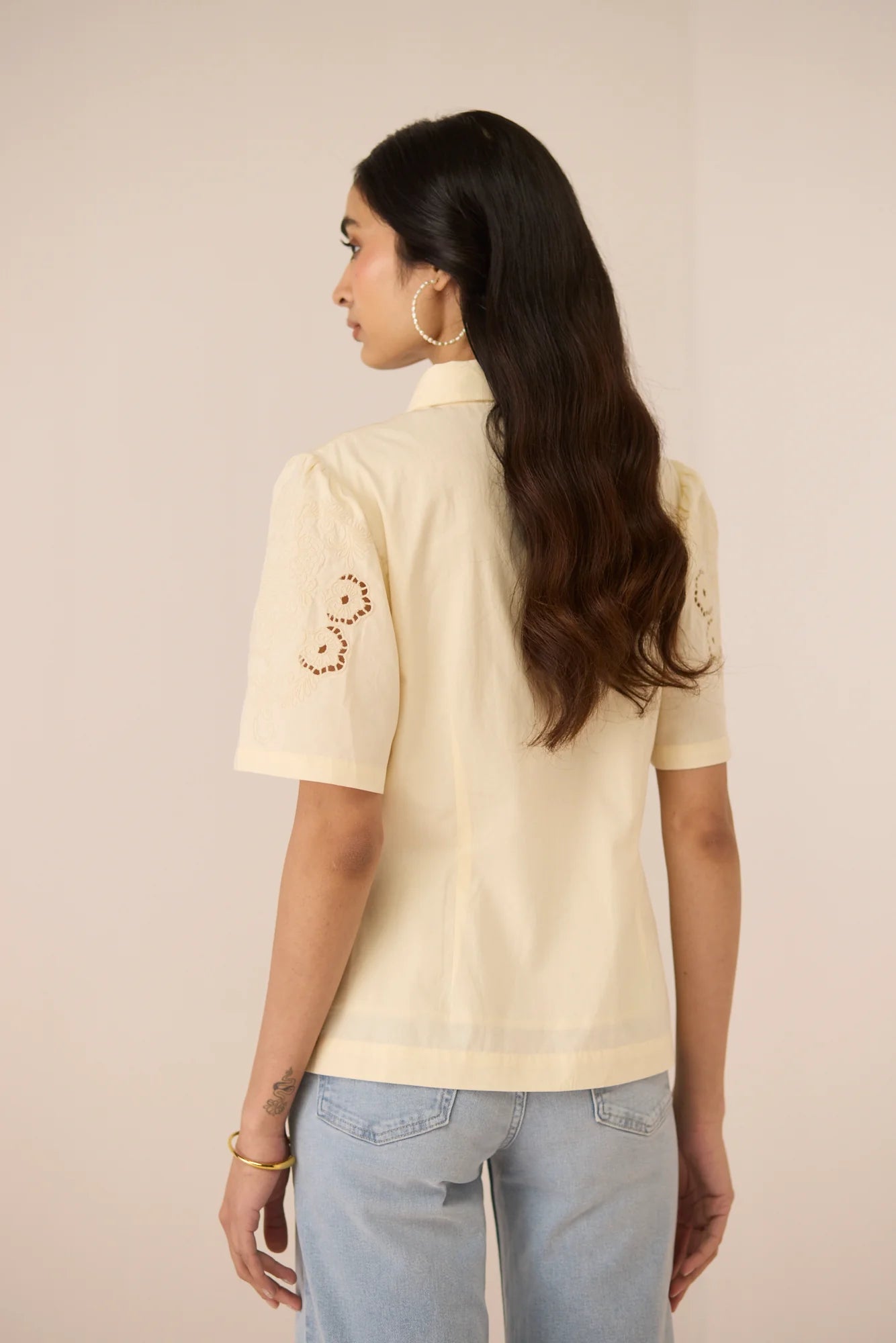 Back view of the Hartley Shirt showing its relaxed silhouette and short sleeves.