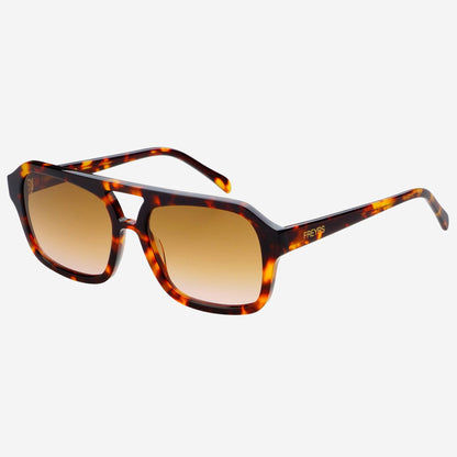 Angled view of Havana Acetate Aviator Sunglasses with tortoise acetate frames and brown gradient lenses.