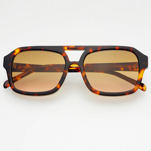 Front view of Havana Acetate Aviator Sunglasses with tortoise acetate frames and brown lenses.