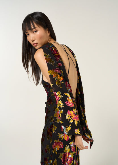 Close-up back detail of the Hayley Dress in Countryside Devoré Black featuring an open back, fine straps, and sheer floral devoré scarf panels.