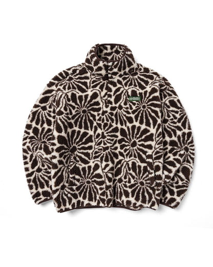 Front view of the brown and natural High Desert Wildflowers high-pile fleece with an allover floral print, high collar, snap placket, front pockets, elastic cuffs, and gathered hem.