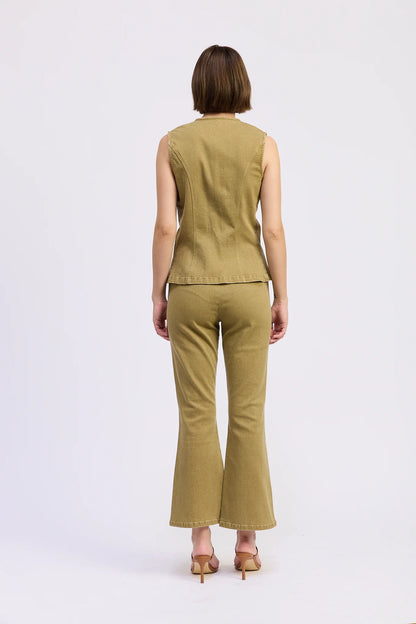 Back view of the olive Isabelle Vest Top paired with matching flare pants in a cotton-linen blend fabric.