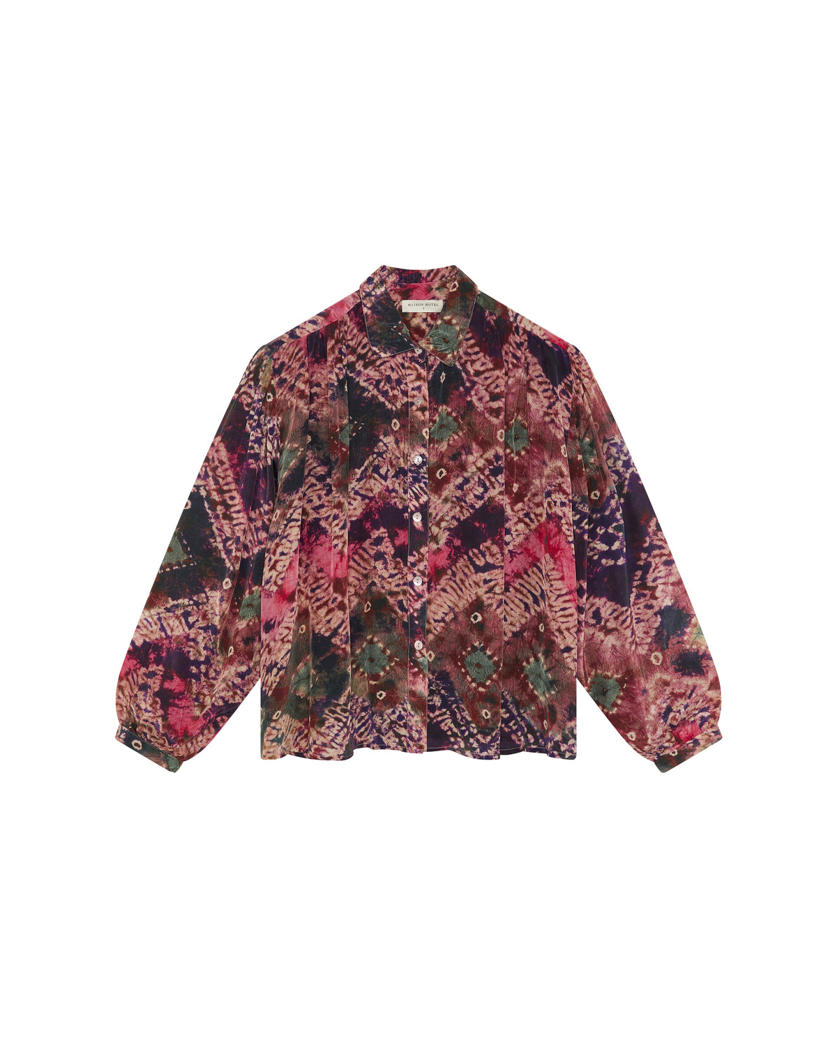 Maison Hotel Janis Shirt in Ayahuasca featuring a multicolor abstract print, button front, pointed collar, and long sleeves.