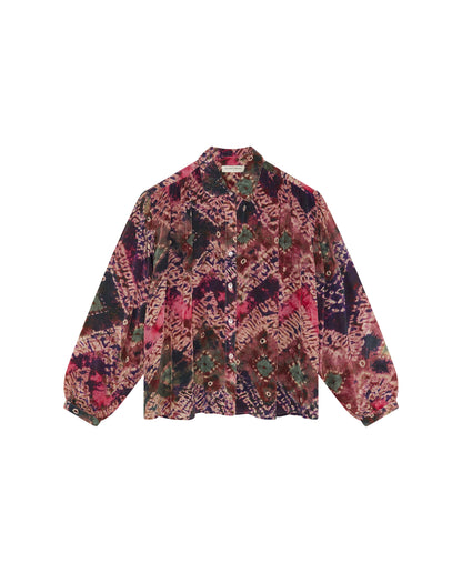 Maison Hotel Janis Shirt in Ayahuasca featuring a multicolor abstract print, button front, pointed collar, and long sleeves.
