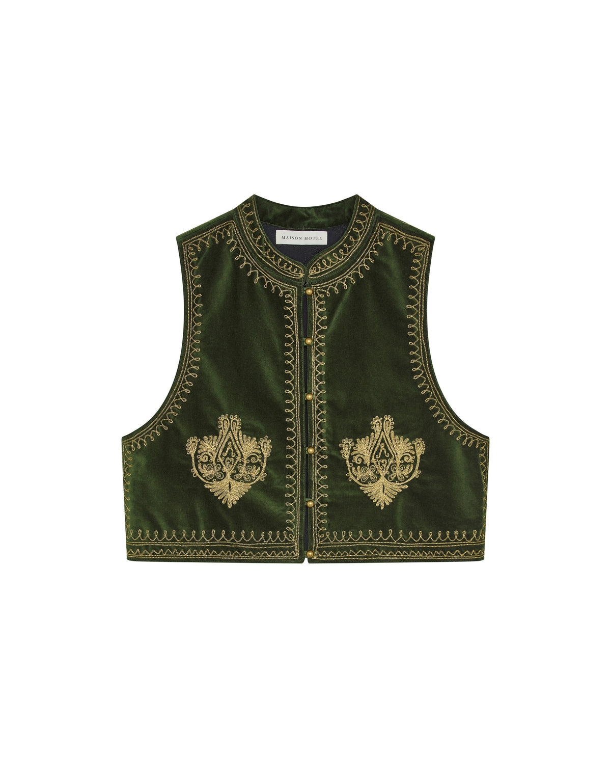 Maison Hotel Jimmy Vest in Hendrix Green with embroidered floral detailing and contrast trim on a white background.