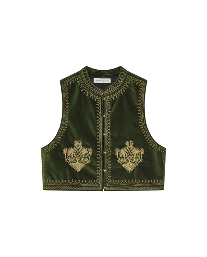 Maison Hotel Jimmy Vest in Hendrix Green with embroidered floral detailing and contrast trim on a white background.