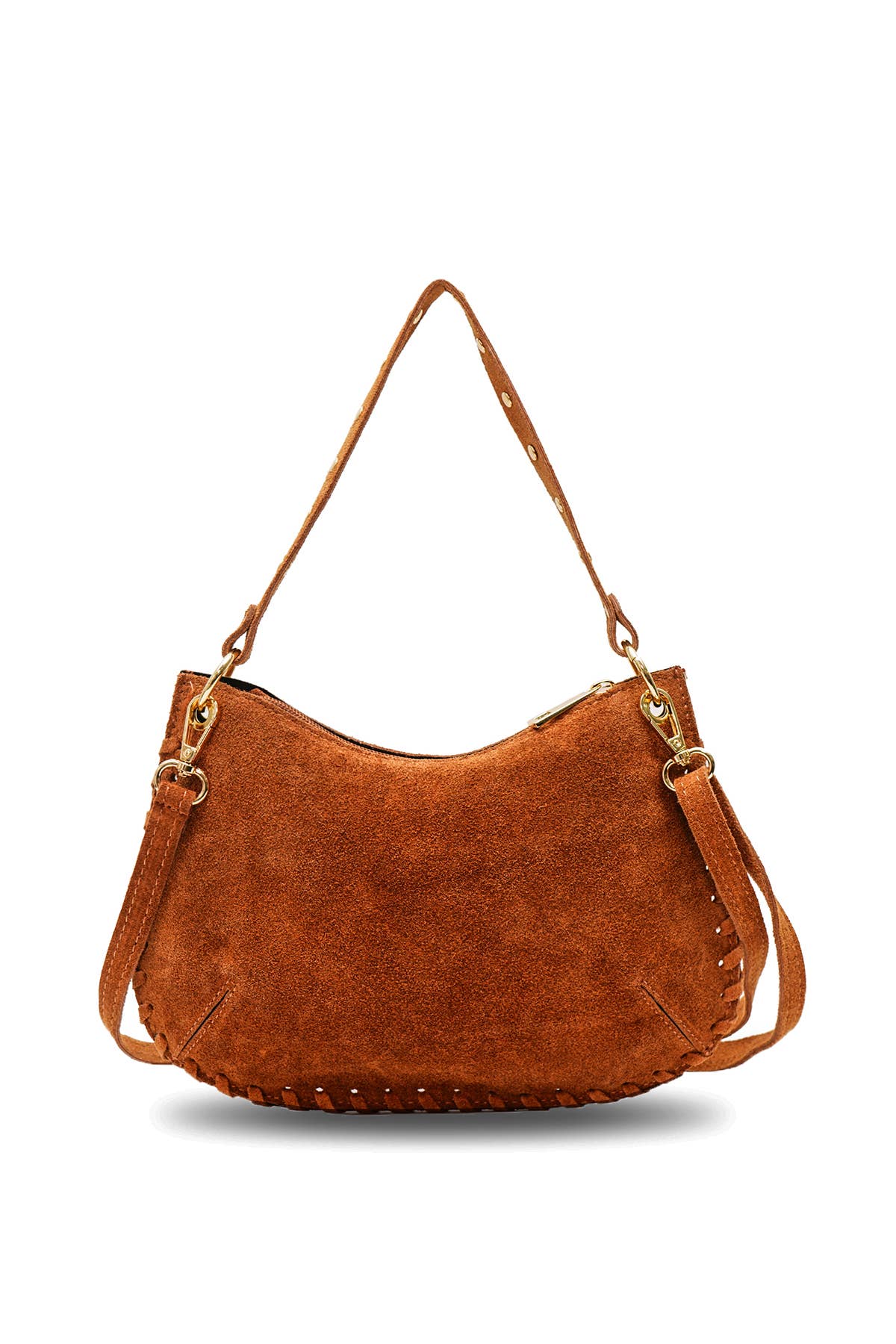 Joëlle camel suede handbag with studded short handle and removable strap against a white background.