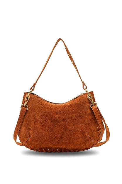 Joëlle camel suede handbag with studded short handle and removable strap against a white background.
