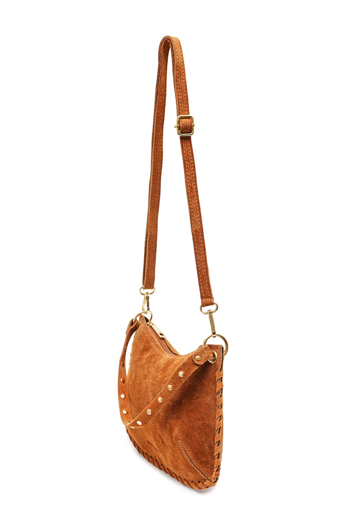Side view of the Joëlle camel suede bag showing its slim profile and adjustable removable strap.