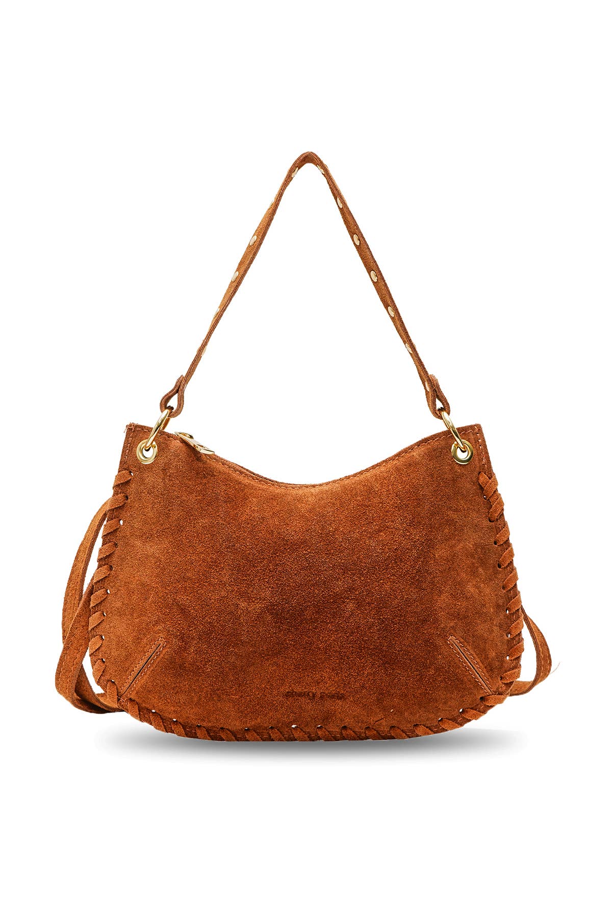 Joëlle camel suede handbag with a curved silhouette, studded handle, piping trim, and removable shoulder strap.
