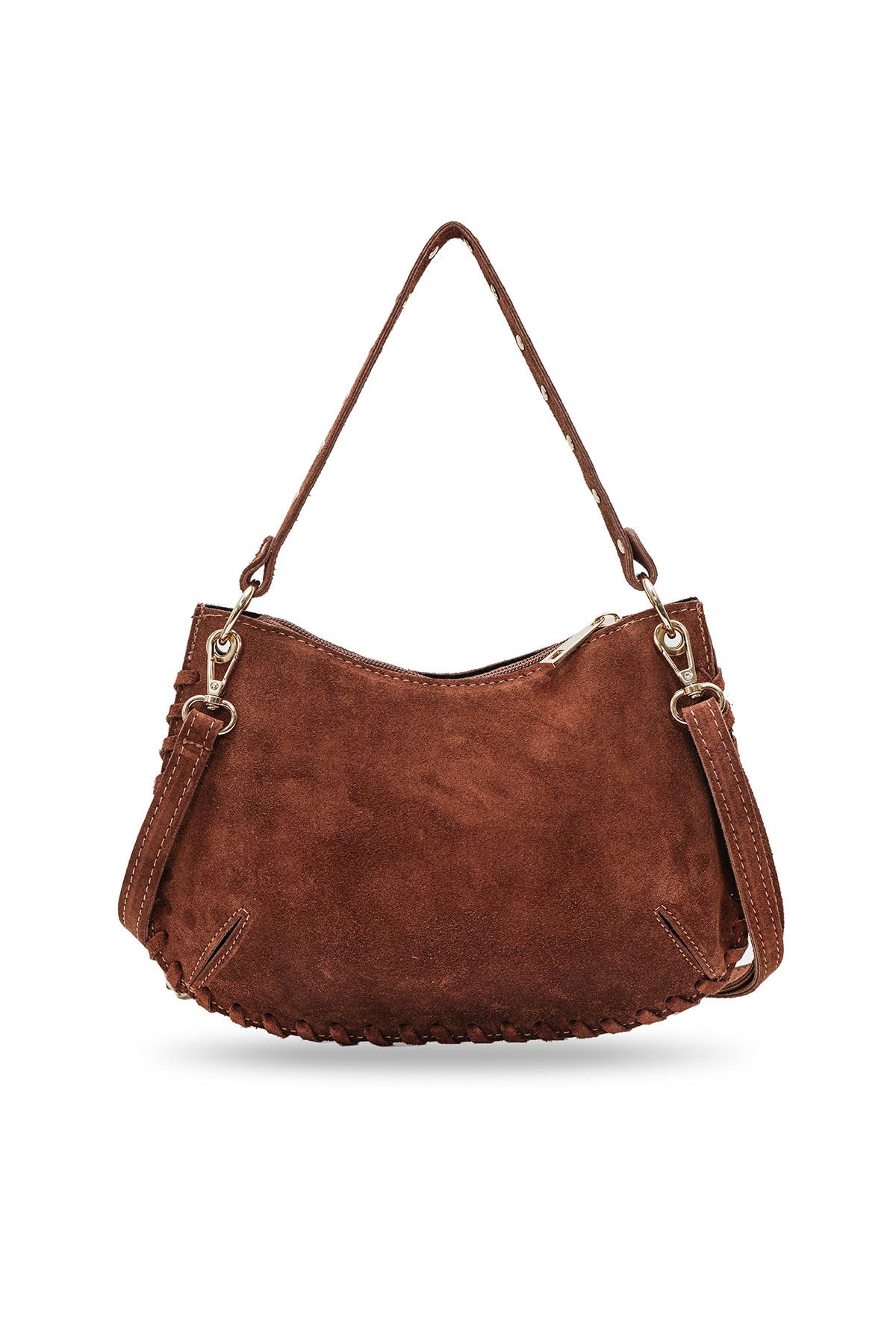 Back view of the Joelle Suede Bag in brown suede with a short handle, piping trim, and stud accents.