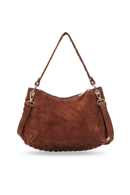 Back view of the Joelle Suede Bag in brown suede with a short handle, piping trim, and stud accents.