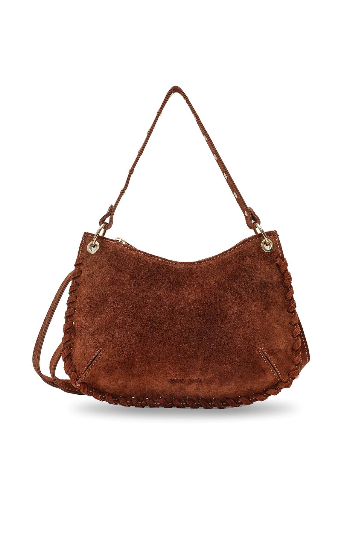 Front view of the Joelle Suede Bag in brown suede with studded handle detail and removable shoulder strap.