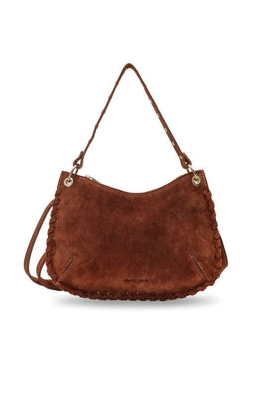 Front view of the Joelle Suede Bag in brown suede with studded handle detail and removable shoulder strap.