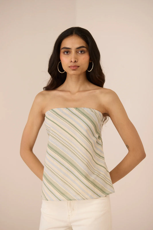Front detail of the Josie Diagonal Stripe Tube Top, a strapless cotton linen top with cream and green diagonal stripes.