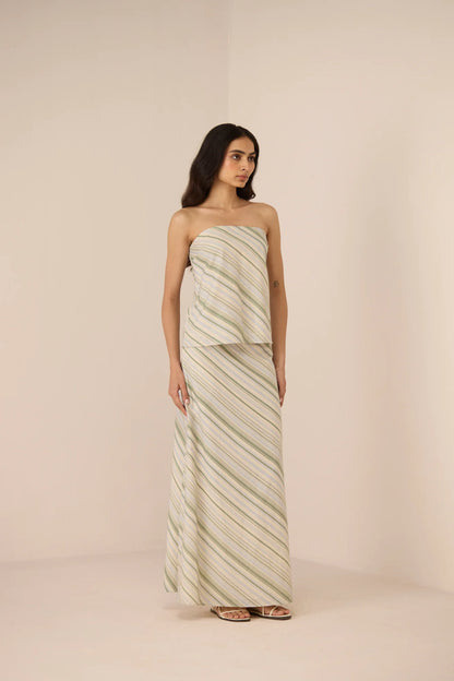 Angled front view of the Josie Skirt in Shoreline featuring a soft diagonal striped print.