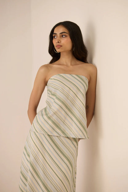 Closer view of the Josie Skirt in Shoreline with diagonal stripes and the matching Josie Top.