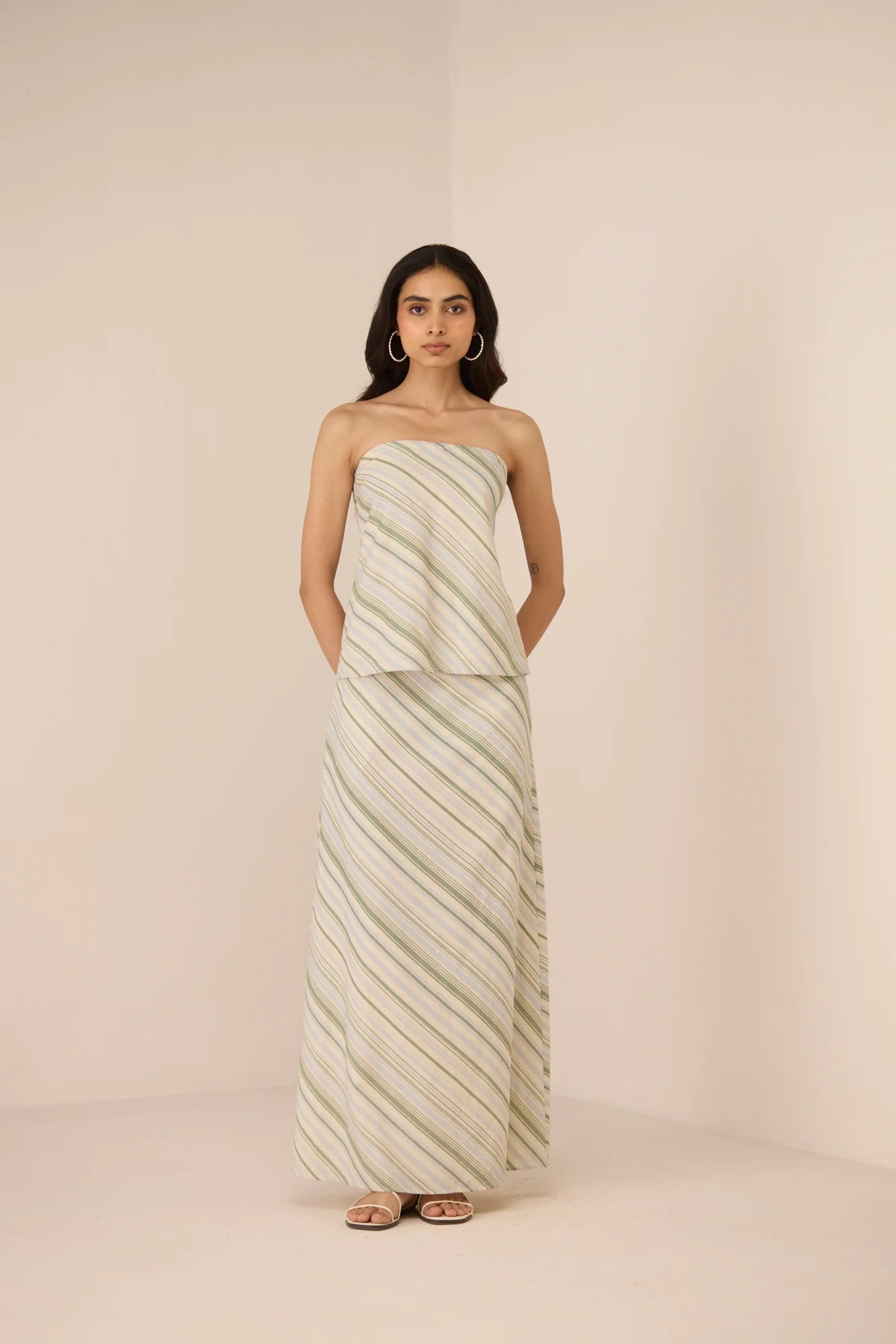 Model wearing the Josie Skirt in Shoreline with the matching Josie Top, shown from the front.