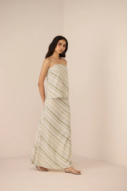 Side view of the Josie Skirt in Shoreline, styled with the matching strapless top.