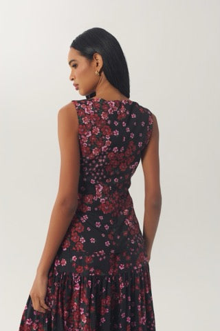 Back view of the fitted Kady Top in Black/Rose showing the sleeveless cut and floral pattern.