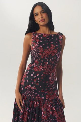 Front view of the sleeveless Kady Top featuring a boat neckline, fitted silhouette, and rose floral print.