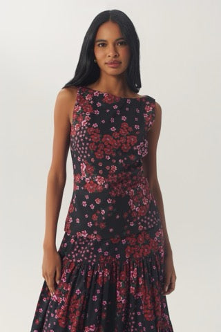 Straight-on view of the Kady Top in Black/Rose styled with the matching floral skirt.