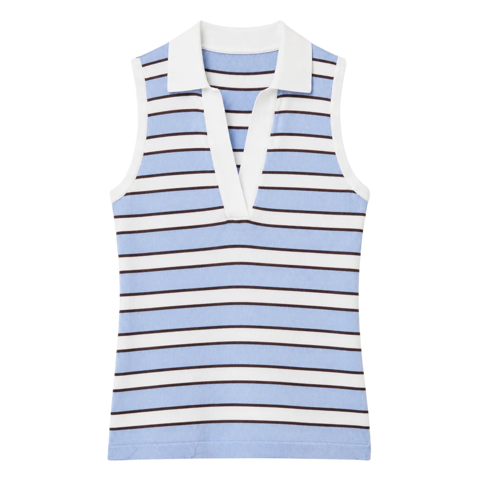 Front view of the Kira Knit Sleeveless Top in a blue and white horizontal stripe pattern with contrast dark stripes, featuring a collared V-neckline, ribbed knit texture, and a slim sleeveless silhouette.