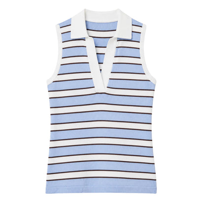 Front view of the Kira Knit Sleeveless Top in a blue and white horizontal stripe pattern with contrast dark stripes, featuring a collared V-neckline, ribbed knit texture, and a slim sleeveless silhouette.