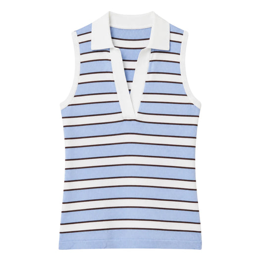 Front view of the Kira Knit Sleeveless Top in a blue and white horizontal stripe pattern with contrast dark stripes, featuring a collared V-neckline, ribbed knit texture, and a slim sleeveless silhouette.