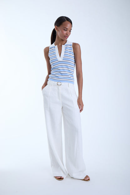 Front view of the Kira Knit Sleeveless Top in blue stripe with a collared V-neckline, sleeveless silhouette, and ribbed knit finish.