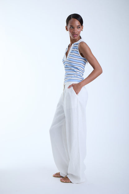 Side view of the Kira Knit Sleeveless Top in blue stripe highlighting the close fit, sleeveless design, and soft stretch knit fabric.
