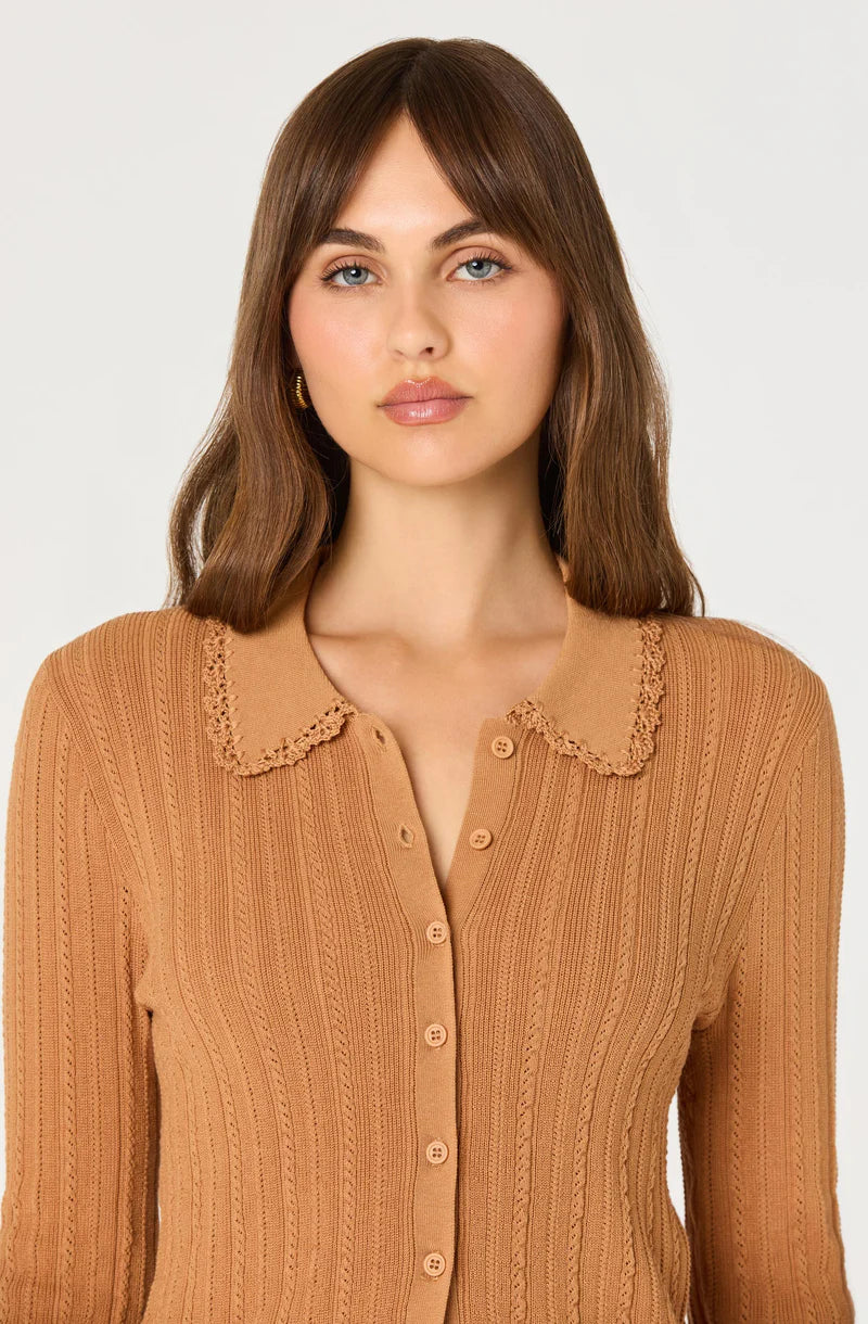 Close-up of the Kristen Cardigan showing the delicate pointelle crochet collar, ribbed knit texture, and light button-front closure.