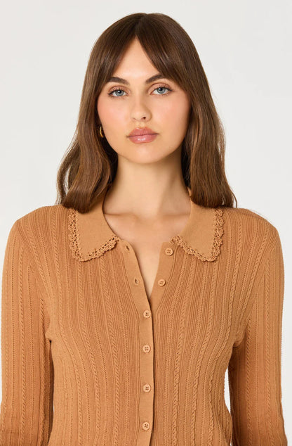 Close-up of the Kristen Cardigan showing the delicate pointelle crochet collar, ribbed knit texture, and light button-front closure.