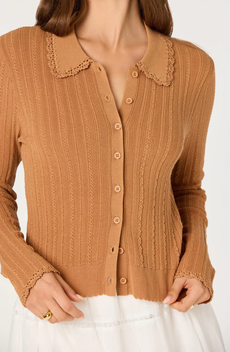 Detailed close-up of the Kristen Cardigan featuring ribbed knit texture, scalloped crochet trim, and front button closure.