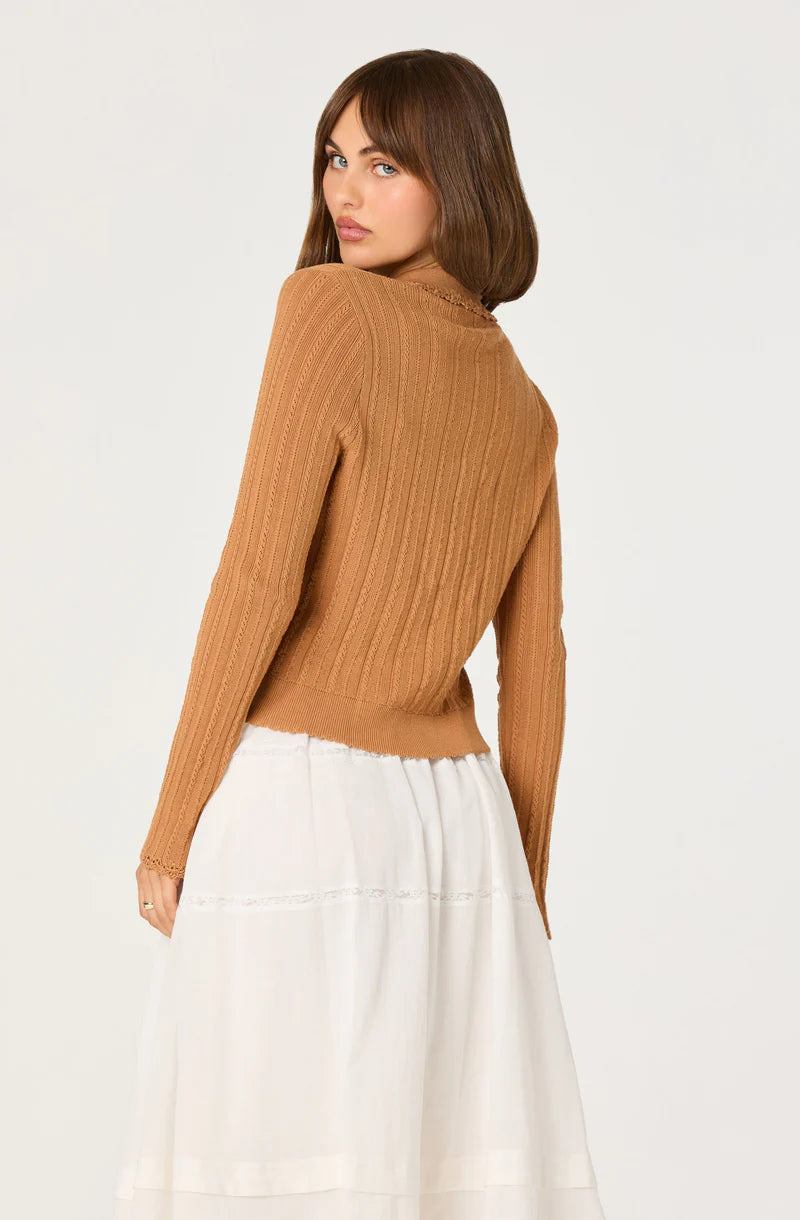 Back view of the Kristen Cardigan in warm camel ribbed knit with a fitted silhouette and long sleeves.