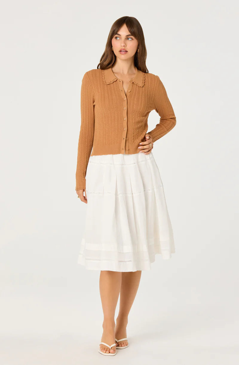 Full-length view of the Kristen Cardigan in camel brown featuring a fitted ribbed knit silhouette, long sleeves, and vintage-inspired crochet collar.