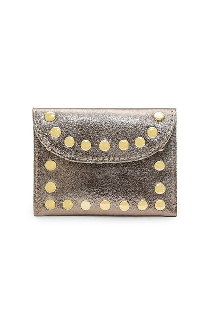 LEINA pewter metallic cowhide leather wallet with a magnetic flap and round gold-tone studs.