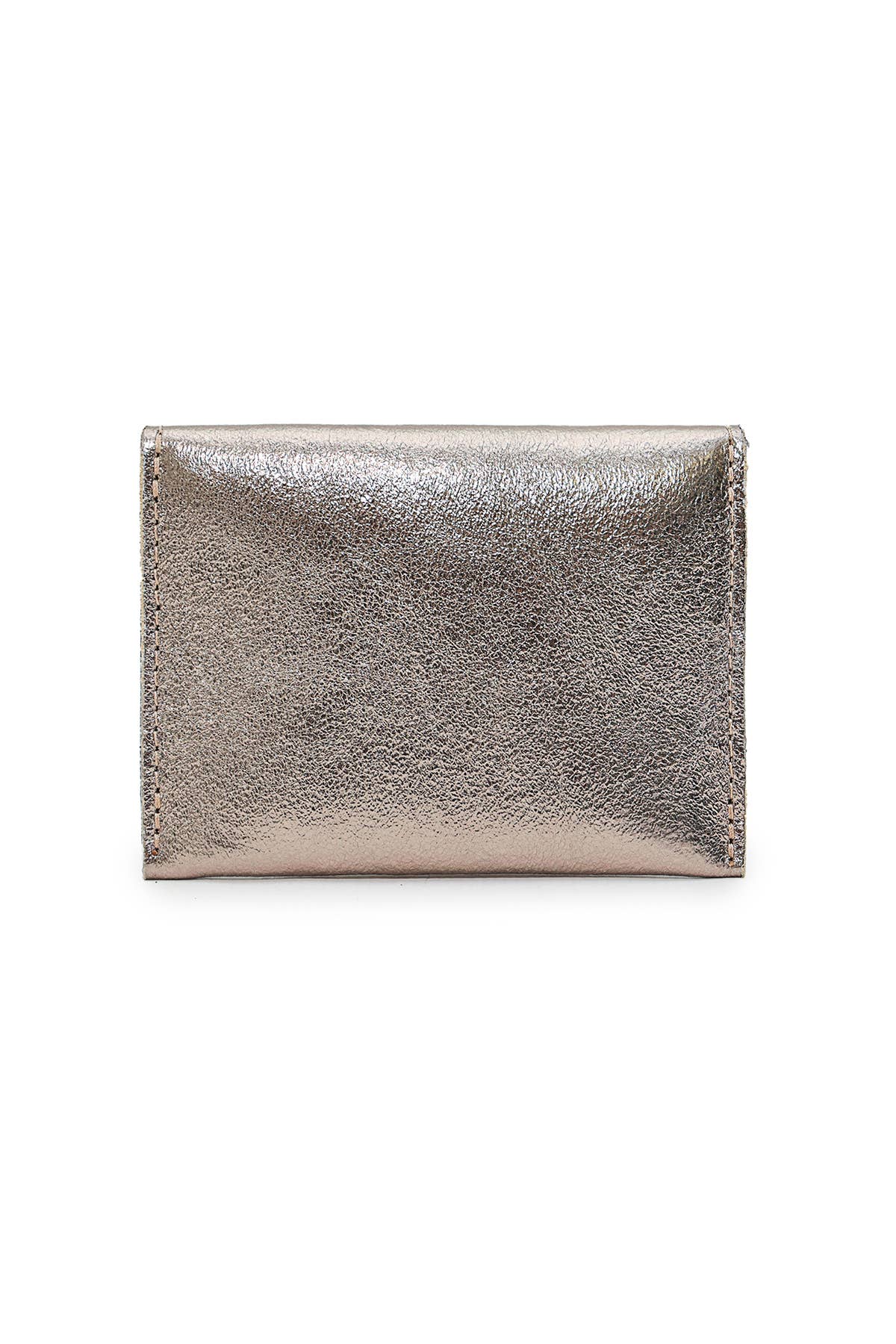 Back view of the LEINA wallet showing smooth pewter metallic cowhide leather.