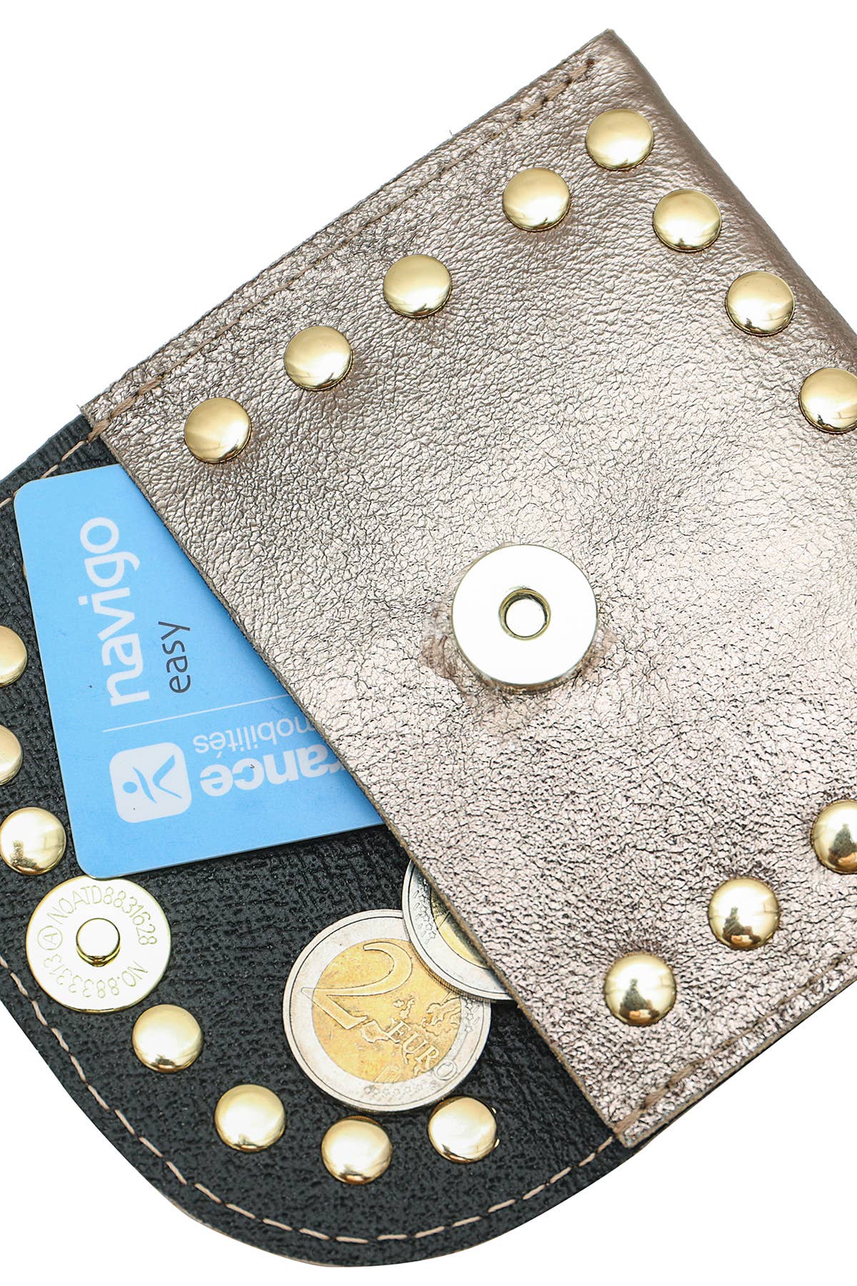 Open LEINA pewter metallic leather wallet displaying its interior compartments, cards, and snap closure.