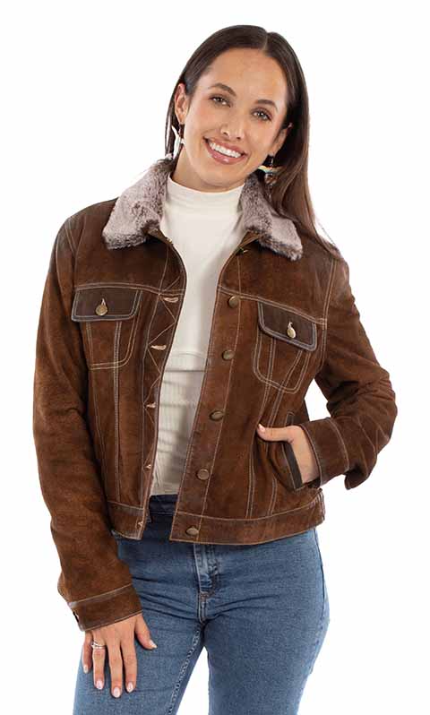 Front view of the Ladies Jean Jacket in distressed brown suede with a faux fur collar, contrast white stitching, button-flap chest pockets, and button-front closure.