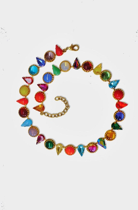 Layering Choker in Kaleidoscope Gold featuring alternating round and fang-shaped multicolor vintage glass stones on a gold plated chain.